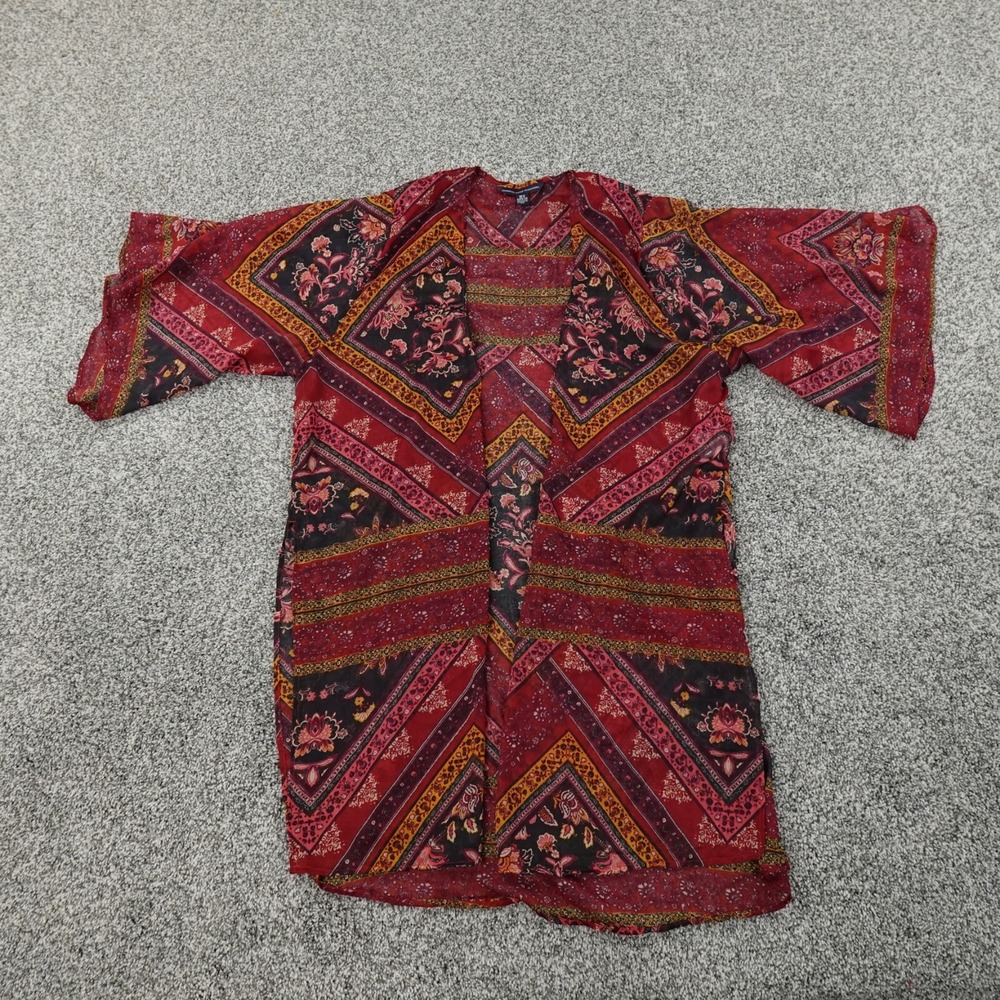 American Eagle Cardigan Womens S Red Floral Tapestry Sheer Lightweight Open Wrap